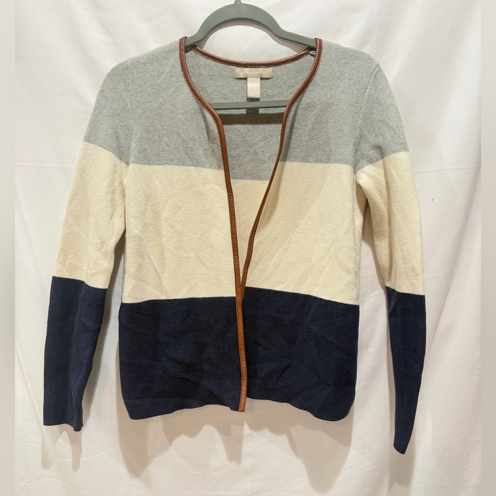 Banana Republic Colorblock Open Cardigan in Gray, Cream & Navy with Brown Trim